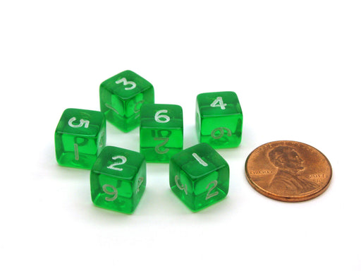 Translucent 9mm Mini 6 Sided D6 Numbered Dice, 6 Pieces - Green with White