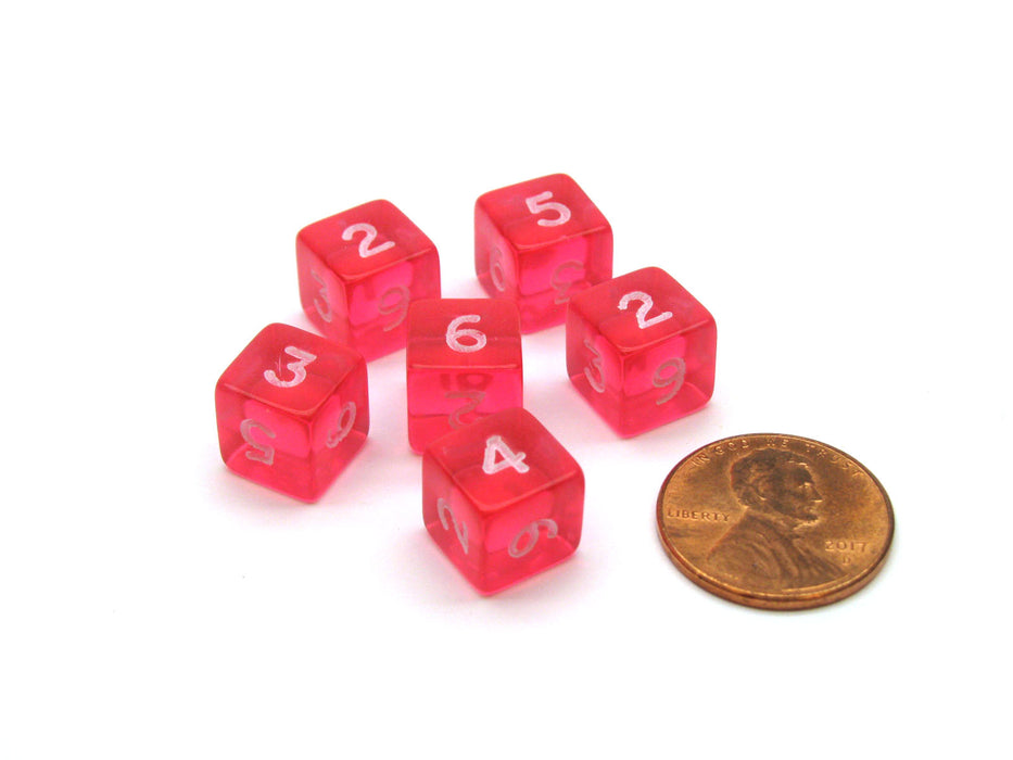 Translucent 9mm Mini 6 Sided D6 Chessex Dice, 6 Pieces - Pink with White Numbers