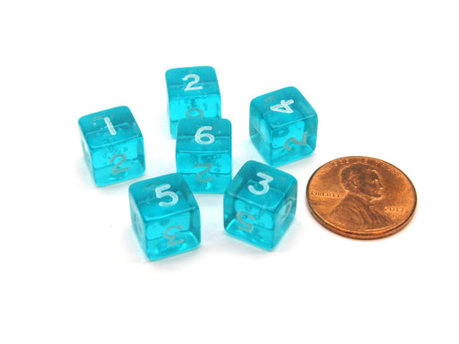 Translucent 9mm Mini 6 Sided D6 Chessex Dice, 6 Pieces - Teal with White Numbers