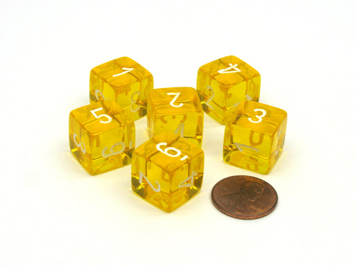 Translucent 15mm 6-Sided D6 Chessex Dice, 6 Pieces - Yellow with White Numbers