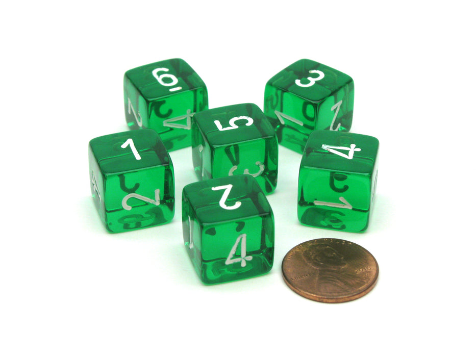 Translucent 15mm 6 Sided D6 Chessex Dice, 6 Pieces - Green with White Numbers