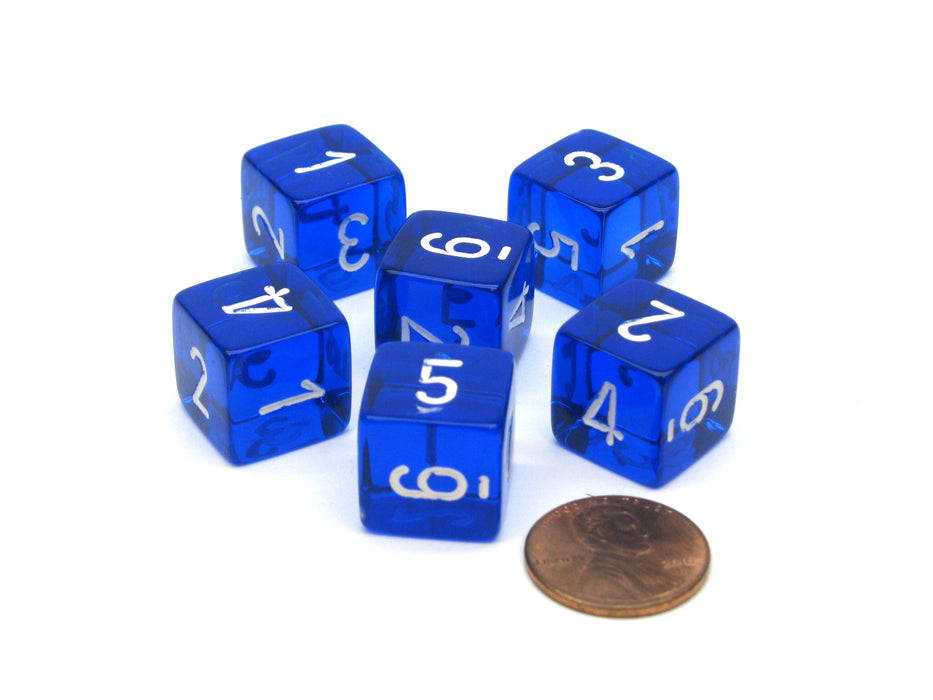 Translucent 15mm 6 Sided D6 Chessex Dice, 6 Pieces - Blue with White Numbers