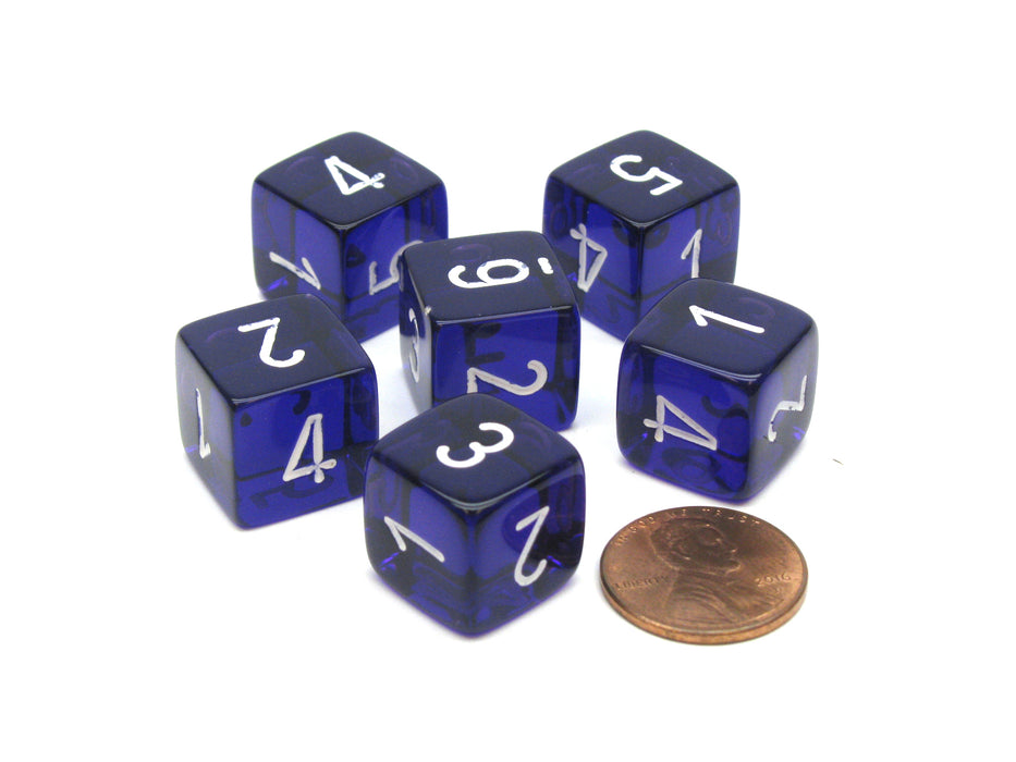 Translucent 15mm 6 Sided D6 Chessex Dice, 6 Pieces - Purple with White Numbers