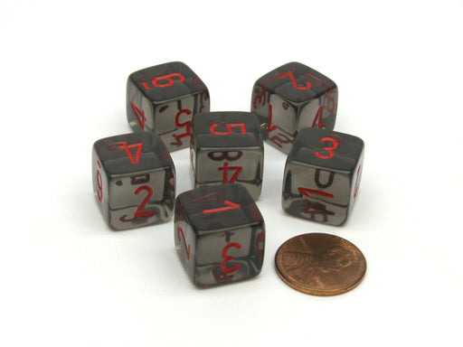 Translucent 15mm 6-Sided D6 Chessex Dice, 6 Pieces - Smoke with Red Numbers