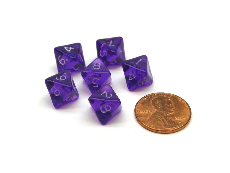 Translucent 9mm Mini 8 Sided D8 Chessex Dice, 6 Pieces - Purple with White