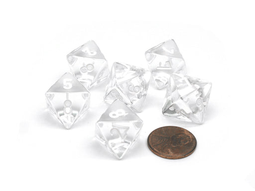 Translucent 15mm 8 Sided D8 Chessex Dice, 6 Pieces - Clear with White Numbers