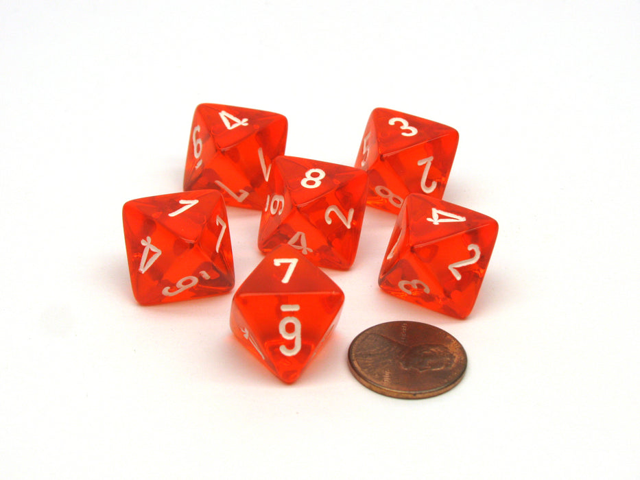 Translucent 15mm 8 Sided D8 Chessex Dice, 6 Pieces - Orange with White Numbers