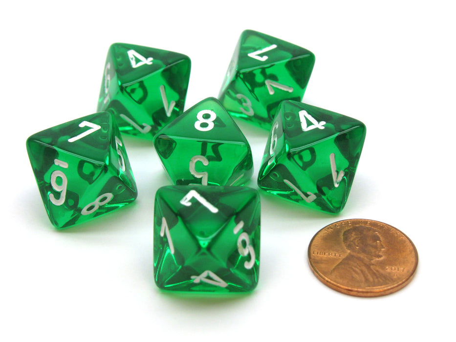 Translucent 15mm 8 Sided D8 Chessex Dice, 6 Pieces - Green with White