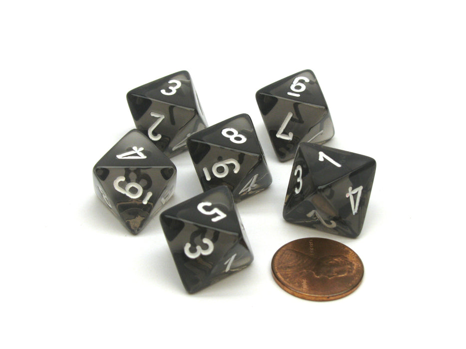 Translucent 15mm 8 Sided D8 Chessex Dice, 6 Pieces - Smoke with White Numbers