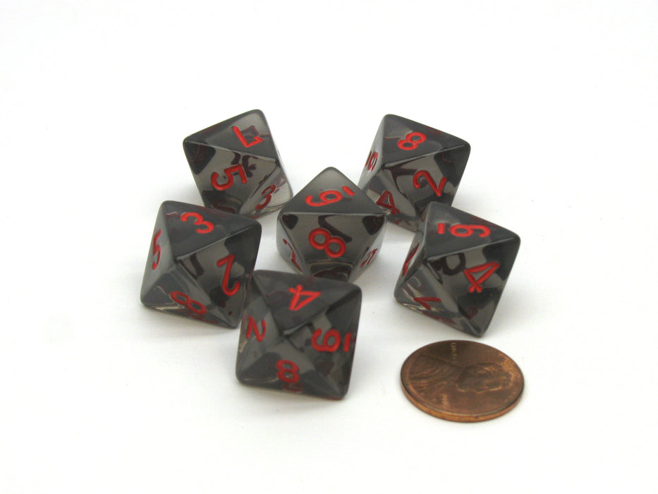 Translucent 15mm 8 Sided D8 Chessex Dice, 6 Pieces - Smoke with Red Numbers