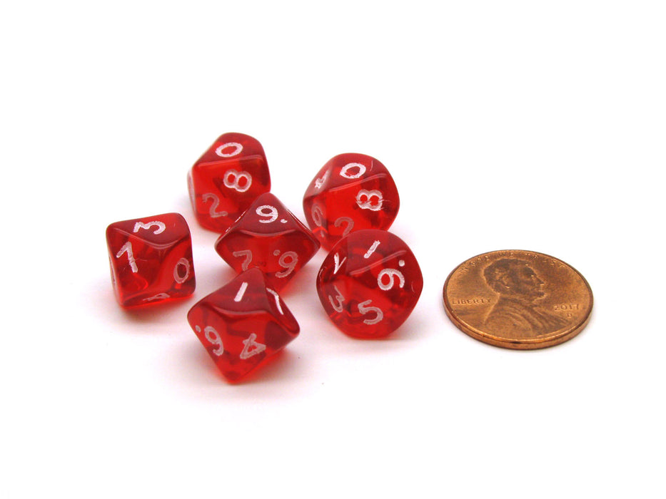 Translucent 10mm Mini 10-Sided D10 Chessex Dice, 6 Pieces - Red with White