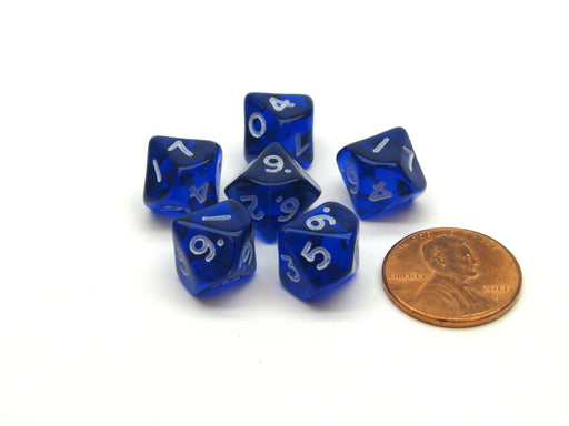 Translucent 10mm Mini 10-Sided D10 Chessex Dice, 6 Pieces - Blue with White