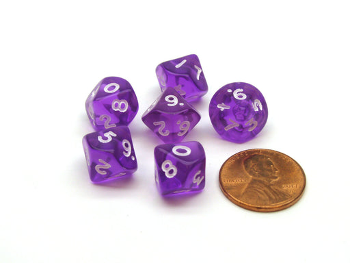 Translucent 10mm Mini 10-Sided D10 Chessex Dice, 6 Pieces - Purple with White