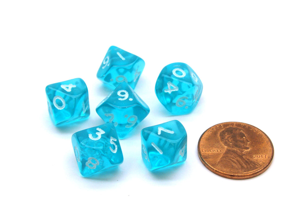 Translucent 10mm Mini 10-Sided D10 Chessex Dice, 6 Pieces - Teal with White