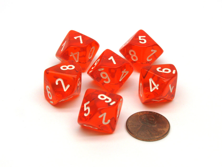 Translucent 16mm D10 (0-9) Chessex Dice, 6 Pieces - Orange with White Numbers