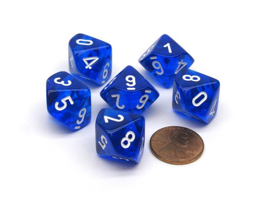 Translucent 16mm D10 (0-9) Chessex Dice, 6 Pieces - Blue with White Numbers