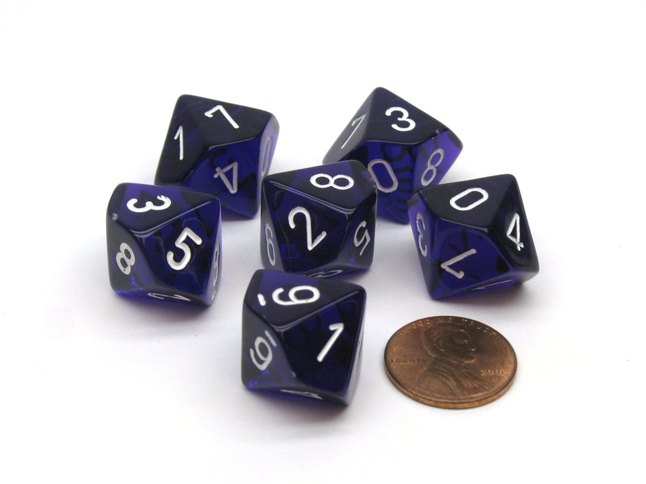 Translucent 16mm D10 (0-9) Chessex Dice, 6 Pieces - Purple with White Numbers
