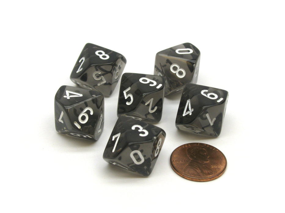 Translucent 16mm D10 (0-9) Chessex Dice, 6 Pieces - Smoke with White Numbers
