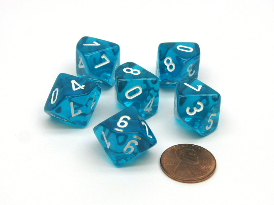 Translucent 16mm D10 (0-9) Chessex Dice, 6 Pieces - Teal with White Numbers