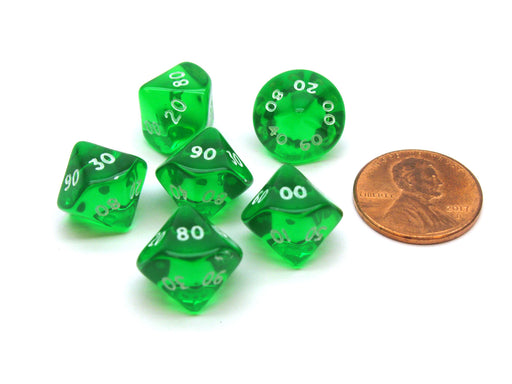 Translucent 10mm Mini Tens Place D10 Chessex Dice, 6 Pieces - Green with White