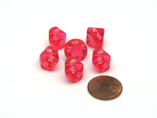 Translucent 10mm Mini Tens D10 Chessex Dice, 6 Pieces - Pink with White Numbers
