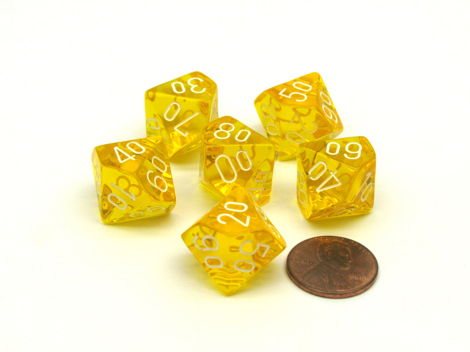 Translucent 16mm Tens D10 (00-90) Chessex Dice 6 Pcs - Yellow with White Numbers