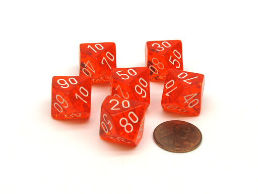 Translucent 16mm Tens D10 (00-90) Chessex Dice 6 Pcs - Orange with White Numbers