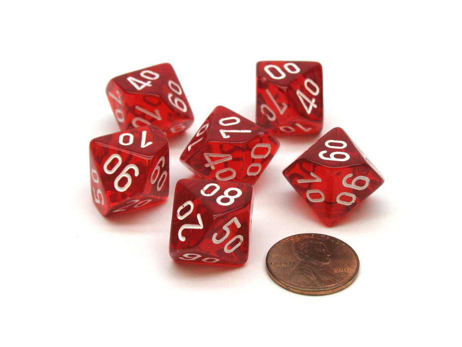 Translucent 16mm Tens D10 (00-90) Dice, 6 Pieces - Red with White Numbers