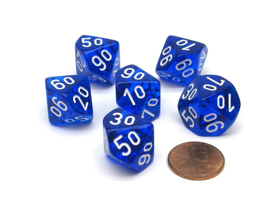 Translucent 16mm Tens D10 (00-90) Dice, 6 Pieces - Blue with White Numbers