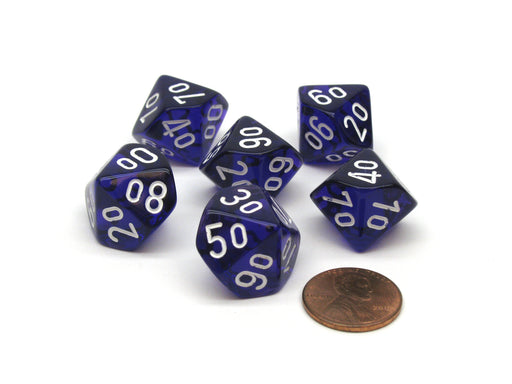 Translucent 16mm Tens D10 (00-90) Dice, 6 Pieces - Purple with White Numbers