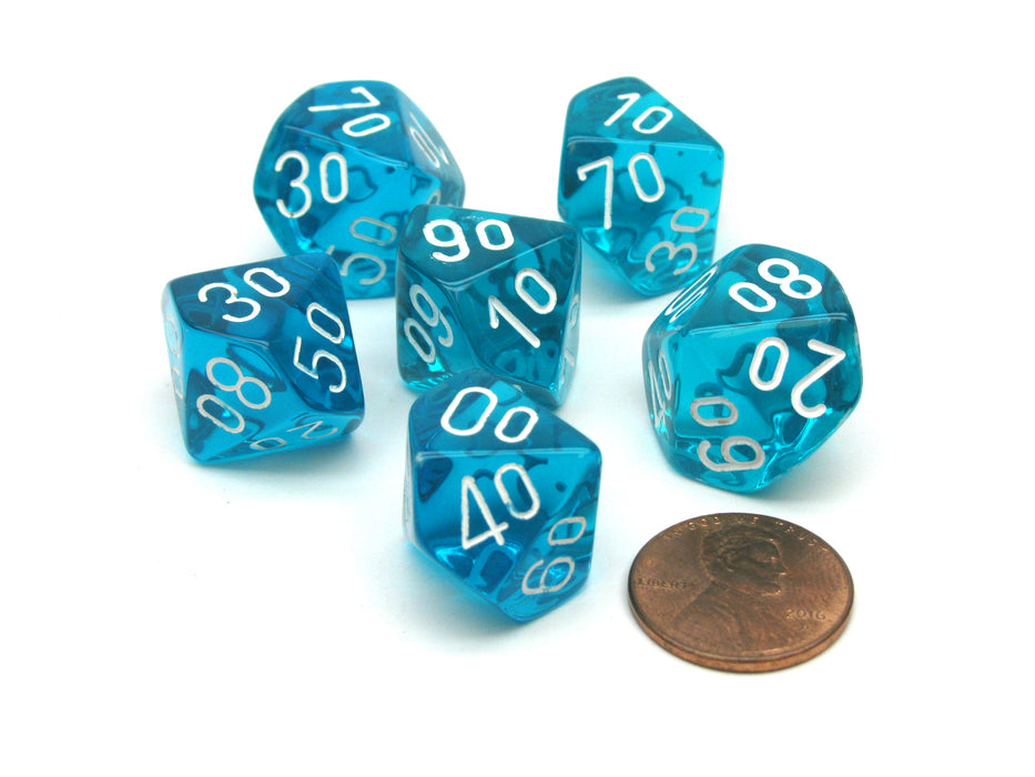 Translucent 16mm Tens D10 (00-90) Dice, 6 Pieces - Teal with White Numbers