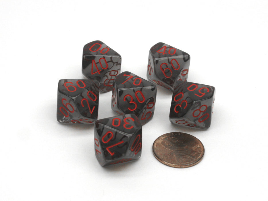 Translucent 16mm Tens D10 (00-90) Chessex Dice 6 Pieces - Smoke with Red Numbers