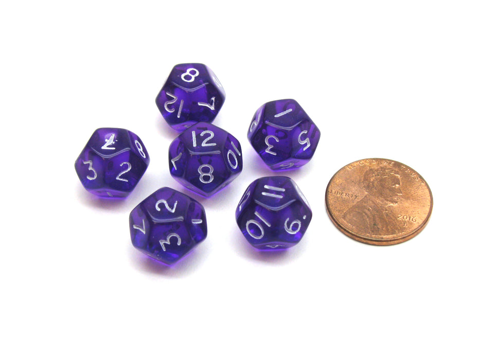 Translucent 12mm Mini 12 Sided D12 Chessex Dice, 6 Pieces - Purple with White