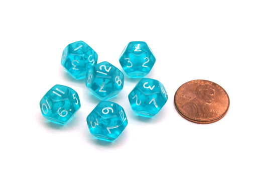 Translucent 12mm Mini 12 Sided D12 Chessex Dice, 6 Pieces - Teal with White