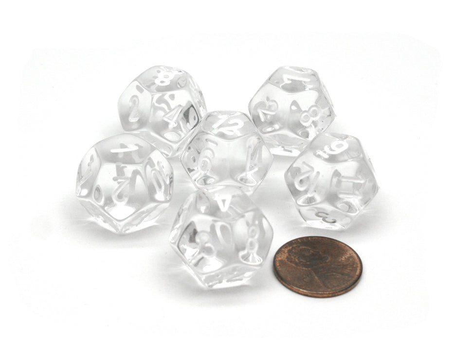 Translucent 18mm 12 Sided D12 Chessex Dice, 6 Pieces - Clear with White Numbers