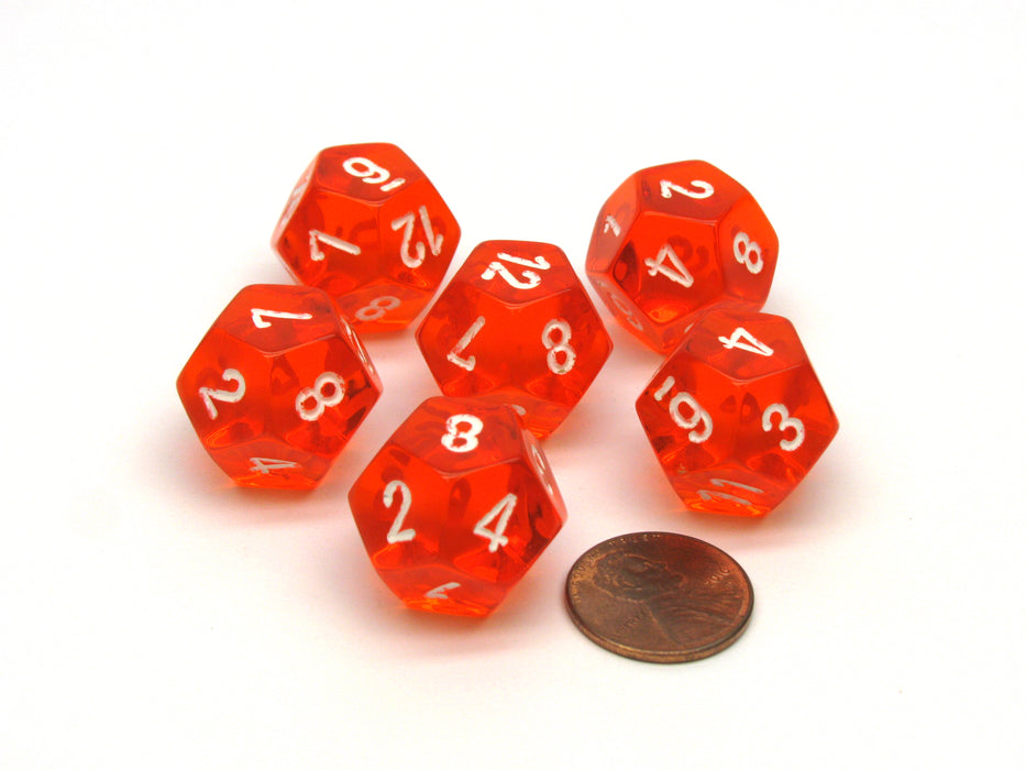 Translucent 18mm 12 Sided D12 Chessex Dice, 6 Pieces - Orange with White Numbers
