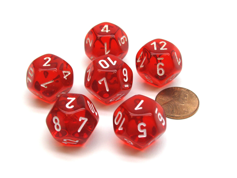 Translucent 18mm 12 Sided D12 Chessex Dice, 6 Pieces - Red with White