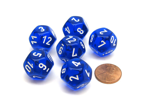 Translucent 18mm 12 Sided D12 Chessex Dice, 6 Pieces - Blue with White