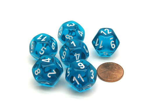 Translucent 18mm 12 Sided D12 Chessex Dice, 6 Pieces - Teal with White