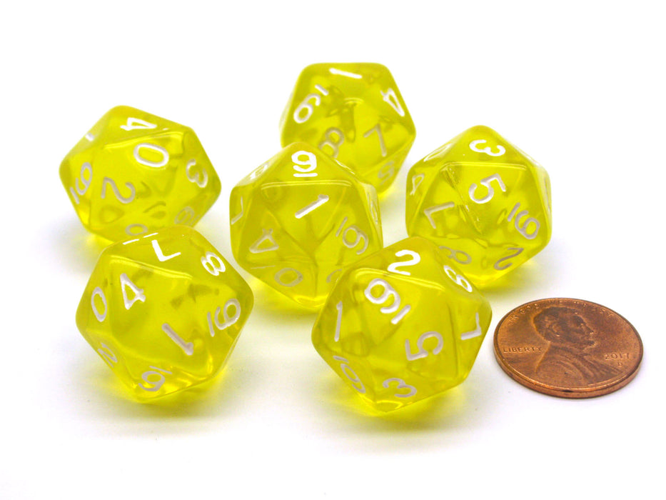 Translucent 18mm 20-Sided D10 Dice Numbered 0-9 Twice, 6 Pieces- Yellow