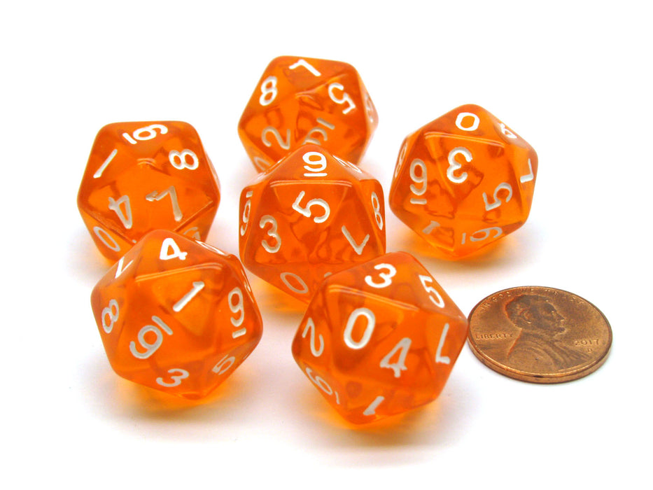 Translucent 18mm 20-Sided D10 Dice Numbered 0-9 Twice, 6 Pieces- Orange