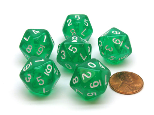 Translucent 18mm 20-Sided D10 Dice Numbered 0-9 Twice, 6 Pieces - Green