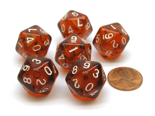 Translucent 18mm 20-Sided D10 Dice Numbered 0-9 Twice, 6 Pieces - Brown
