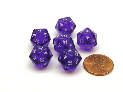 Translucent 12mm Mini 20-Sided D20 Chessex Dice, 6 Pieces - Purple with White