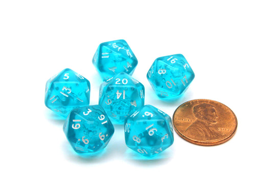 Translucent 12mm Mini 20-Sided D20 Chessex Dice, 6 Pieces - Teal with White
