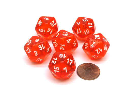 Translucent 20mm D20 Chessex Dice, 6 Pieces - Orange-Red with White Numbers
