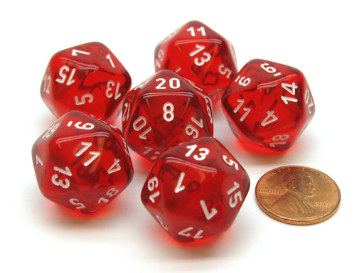 Translucent 20mm 20 Sided D20 Chessex Dice, 6 Pieces - Red with White Numbers