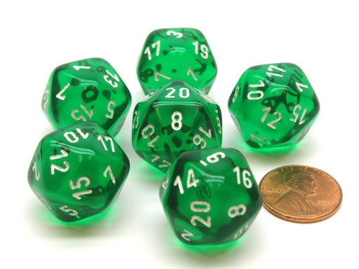 Translucent 20mm 20 Sided D20 Chessex Dice, 6 Pieces - Green with White Numbers