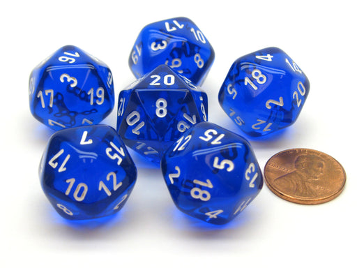 Translucent 20mm 20 Sided D20 Chessex Dice, 6 Pieces - Blue with White Numbers