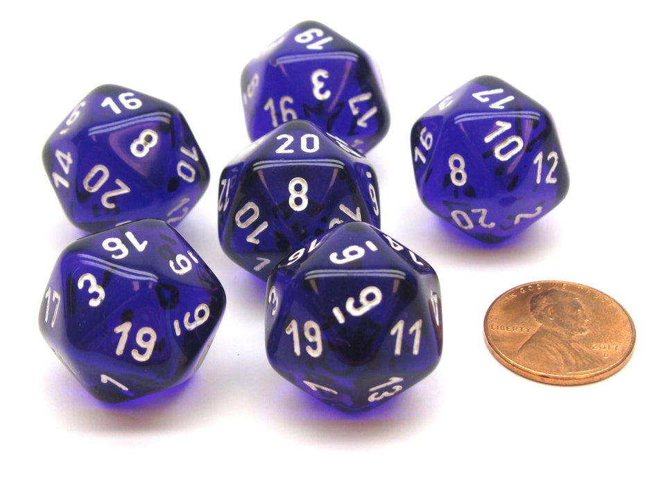 Translucent 20mm 20 Sided D20 Chessex Dice, 6 Pieces - Purple with White Numbers